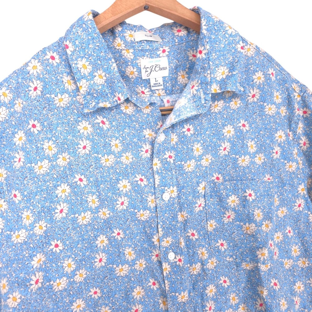 J.Crew Shirt Mens Large Blue Floral 100% Linen Short Sleeve Button Up Slim Fit